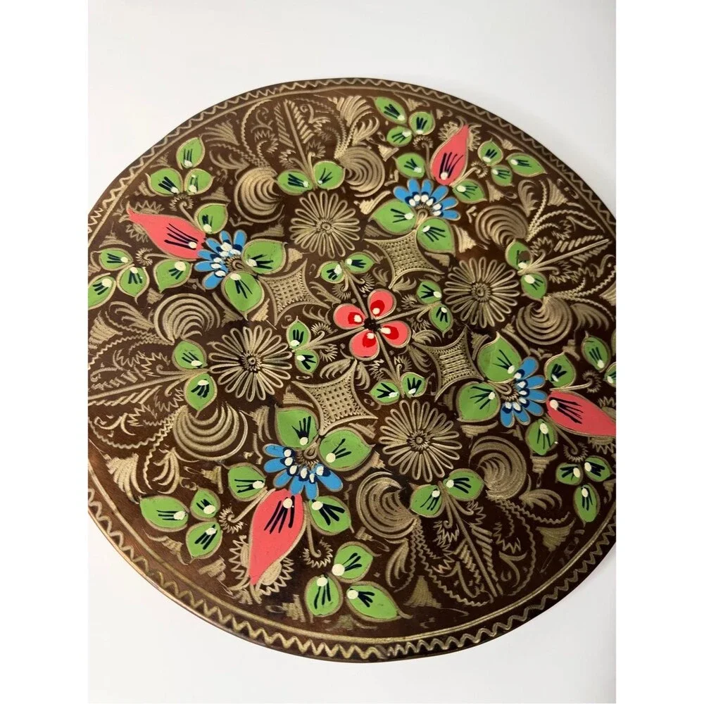Vintage Turkish Hand Painted Copper Wall Plate 11.5
